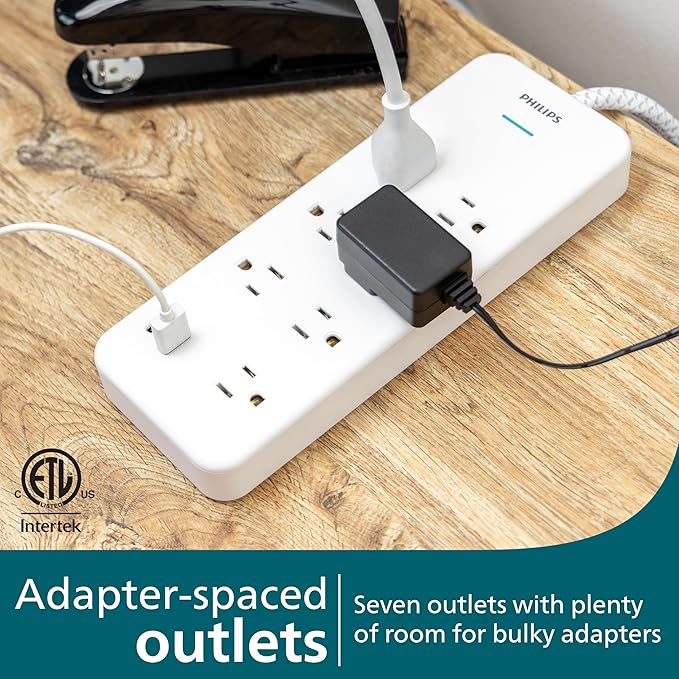 Philips 7-Outlet Surge Protector with USB Charging, 6ft Braided Extension Cord, 1USB-A, 1USB-C, 1500J, Adapter Spaced, Outlet Extender Power Strip, White - SPP3983W/37