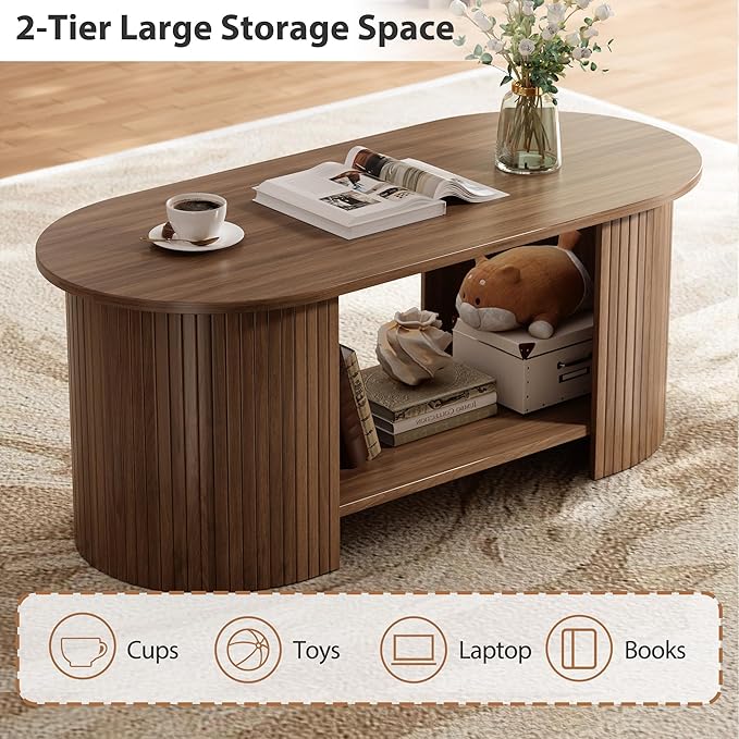 OneBlis Oval Fluted Coffee Table, 2-Tier Center Table with Large Storage, Mid-Century Modern Wood Coffees Table for Living Room, Home Office, Small Space, Walnut