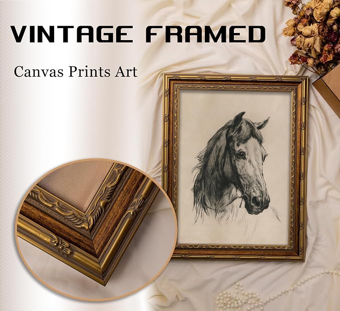 Vintage Gold Framed Horse Sketch Canvas Wall Art Retro Horse Wall Decor Vintage Farmhouse Animals Sketch Print Artwork Retro Rustic painting Picture for Farmhouse Bedroom Living Room 9X11in