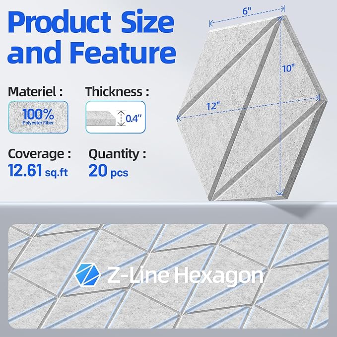 20 Pack Acoustic Panels with Self-Adhesive 12"X10"X0.4" Sound Proof Foam Panels for Walls, High Density Soundproof Wall Panels, Z-Line Hexagon Sound Dampening Panels for Home Studio Decor Office-Gray