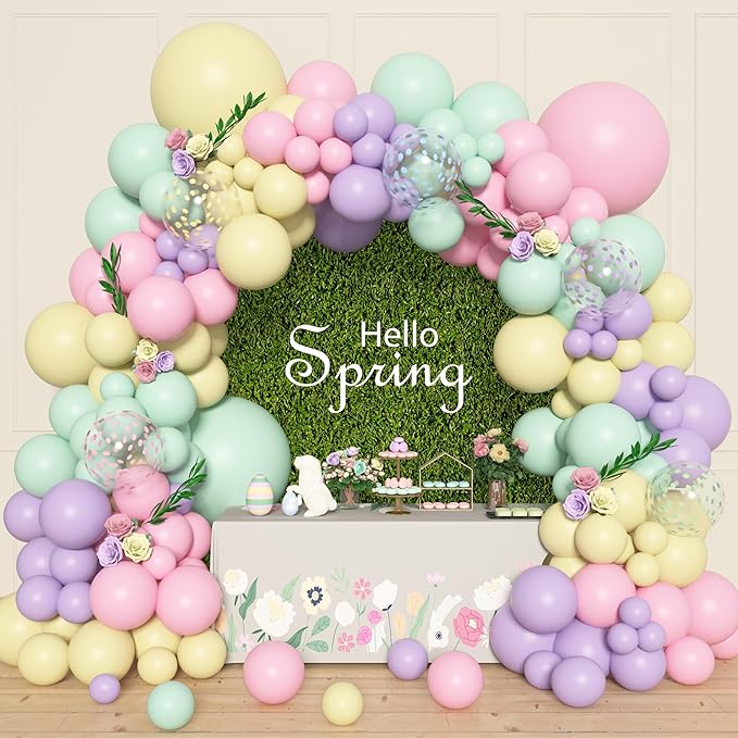 Amandir 153pcs Pastel Balloons Garland Arch Kit, Different Sizes 18 12 10 5inch Pastel Pink Yellow Green Purple Confetti Balloons for Spring Baby Shower Wedding Wildflower Birthday Party Decorations
