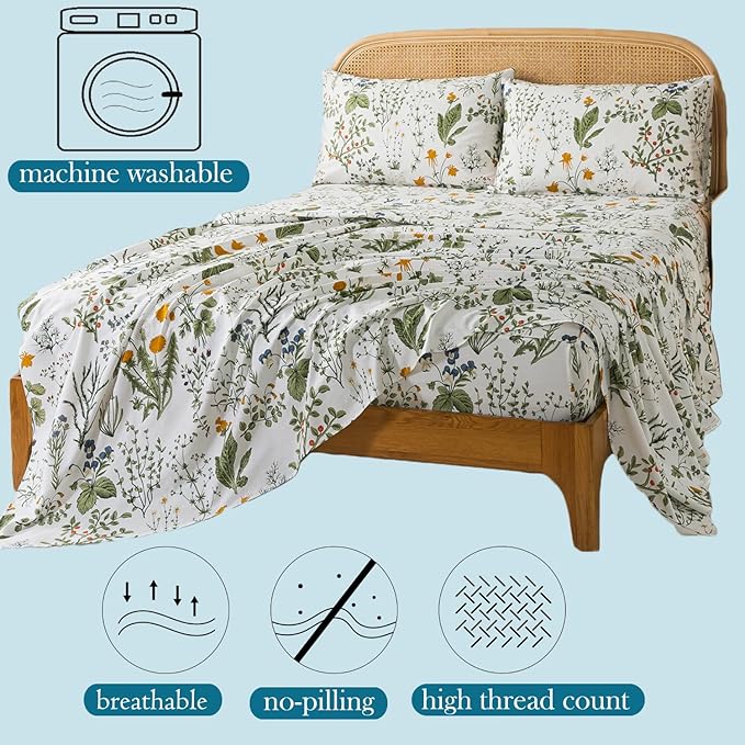 Zusbest King Size Sheets 100% Percale Cotton Green Floral Bed Sheet Set Yellow Flower & Green Leaves Botanical Pattern Printed on White Garden Luxury Crisp Soft Deep Pocket Fitted Sheet 17.5'' 4Pcs
