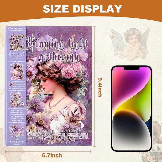 Auguro Vintage Ephemera Sticker 24 Sheets precut 300 washi Stickers Paper Girls Journal Stickers for Adults Junk Journal Sticker Book Scrapbooking Supplies