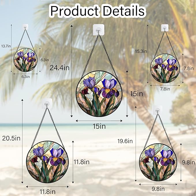Stained Glass Window Hanging, Purple Blue Iris Birth Flower Suncatcher for Doors Garden Yard Sun Catchers Decor Christmas Mother's Day Birthday Gifts for Teacher Women Mom Nana Wife 6.3 in