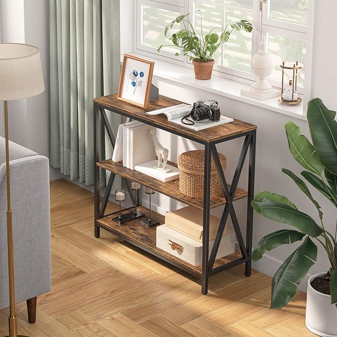 Sofa Table, Industrial Console Table, 3-Tier Narrow Side Table with Open Shelves, Foyer Table for Entryway, Hallway, Kitchen, Living Room and Bedroom, Easy Assembly, Rustic Brown CTHR8001Z