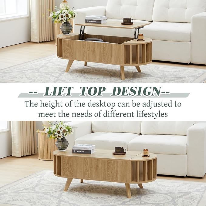 Janmer Home Small Lift Top Coffee Table with Storage, 47.3" Mid Century Modern Curved Coffee Table, Oval Center Table with Lift Tabletop for Living Room, Office (Natural)