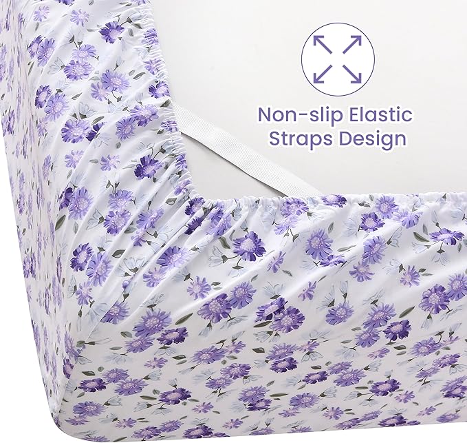 Softan Puple Floral Full Sheet Set, 4-Piece Microfiber Printed Fitted Sheet with 15" Deep Pockets & Non-Slip Straps, White Flower Patterned Double Bedding Sheets & Pillowcase Set