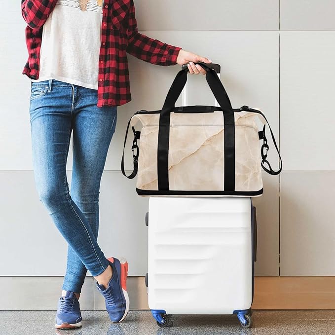 Travel Duffel Bags for Women Beige Marble Print Sports Duffel Bags Gym Bags with Shoes Compartment Tote Bag Weekender Bag for Travelling