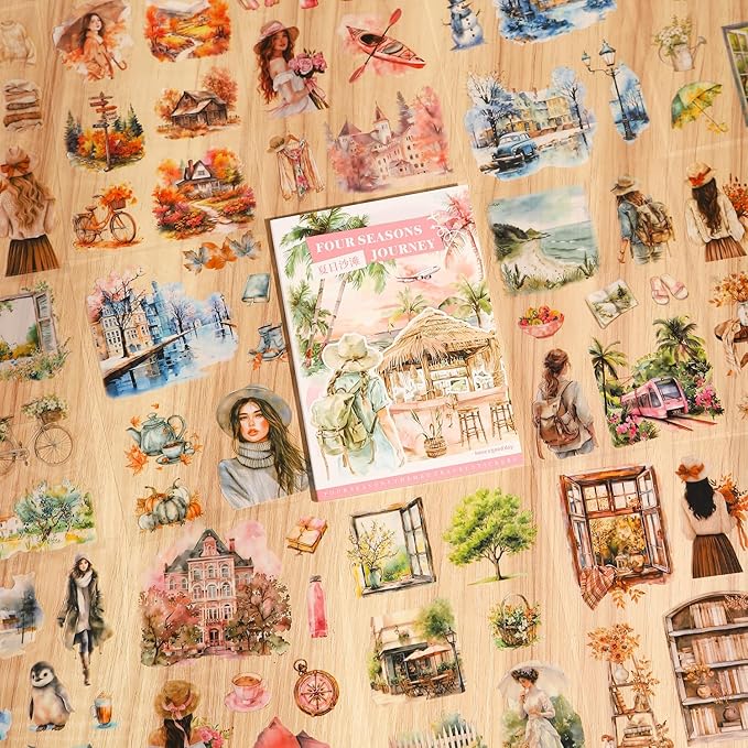 MiyouLuna Seasons Journey Pre-Cut PET Sticker Set, 80 Sheets of Seasonal Travel-Themed Stickers for Scrapbooking, Journaling, DIY Crafts, and Junk Journal Ephemera