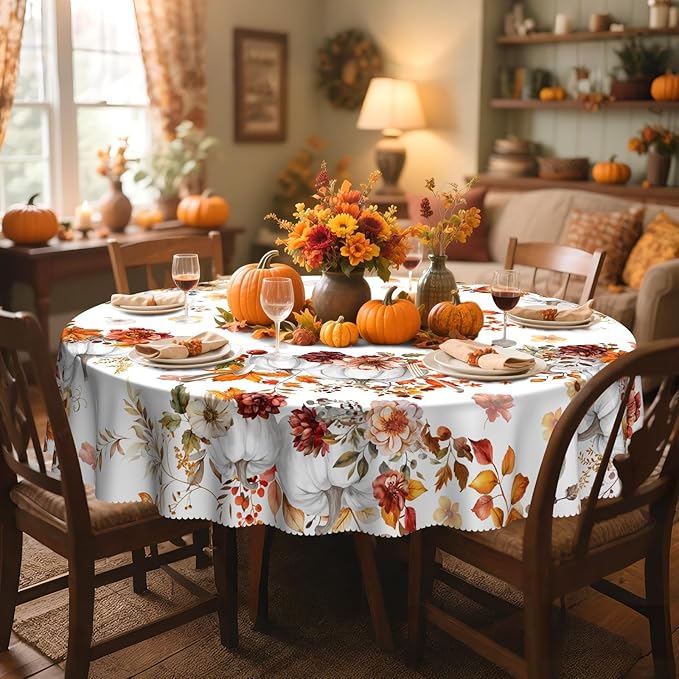 Eikione Thanksgiving Tablecloth, Round Fall Tablecloth 70 Inch, Pumpkin Table Cloth, Autumn Harvest for Christmas, Holiday, Birthday,Thanksgiving Decor