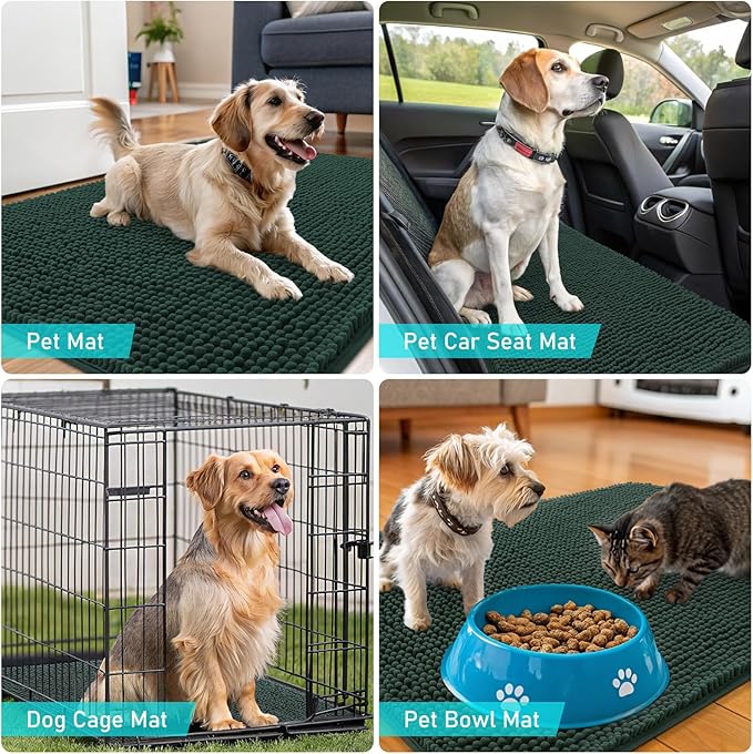 OLANLY Dog Door Mat for Muddy Paws 30x17, Absorbs Moisture and Dirt, Absorbent Non-Slip Washable Doormat, Quick Dry Chenille Mud Mat, Entry Indoor Entryway Carpet for Inside Floor, Blackish Green