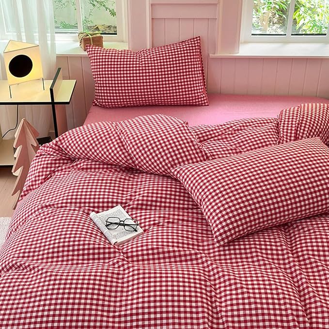 LifeTB Queen Comforter Set Red Gingham Comforter Modern Style Plaid Boho Comforter Set 3 Pieces Fluffy Grid Checkered Comforter with 2 Pillowcases Farmhouse Gingham Bedding Set Queen Size