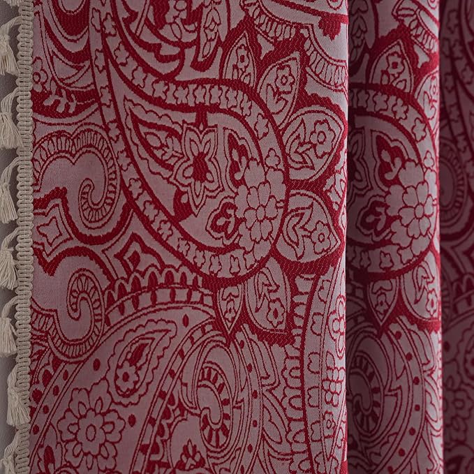 ENJOYBRIDAL Red Paisley 63 Inch Curtains for Bedroom Boho Drapes Semi Sheer Rod Pocket 2 Panels Short Window Curtain Panels for Living Room Farmhouse Jacquard Decorative Vintage Window Treatments