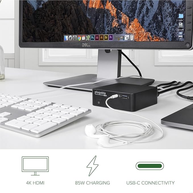 Plugable USB C Dock VESA Mount Compact with 85W Charging Thunderbolt 4/3 USB4 Compatible and Works with macOS, Windows, and ChromeOS Laptops (HDMI up to 4K@30Hz, Ethernet, 4X USB 3.0 Ports, USB-C PD)