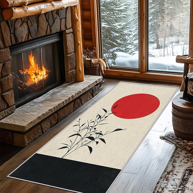 Japanese Runner Rug 3x10, Black and Grey Red Sun Design, Zen Asian Area Rug, Washable Carpet Runner for Bedroom, Standard Hallways, Kitchen Walkway, Dining Room Sideboard