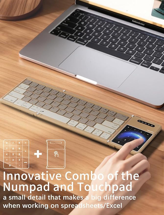 Nillkin Upgraded Foldable Bluetooth Keyboard with Touchpad & Number Pad, Portable Wireless Keyboard for Travel, Pocket-Sized, Full Size Keys, Support 3 Devices for iPad Laptop Tablets Phone, Khaki