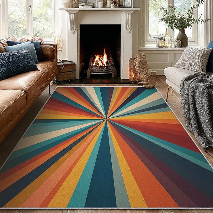 Retro Sunburst Rugs 4x6, 70s Colorful Abstract Washable 4 x 6 Area Rug for Living Room, Bedroom, Low Pile Non Slip Stain Resistant Carpet, Retro 70s Home Decor Accessories & M875