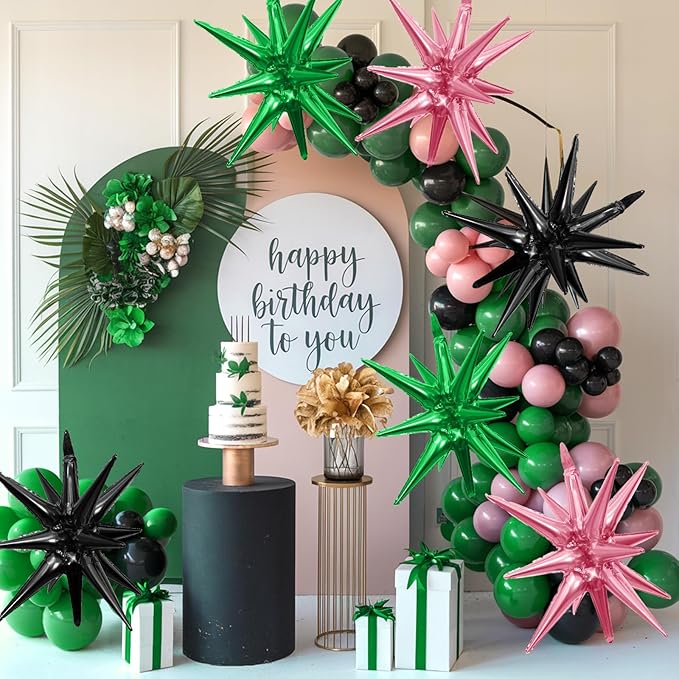 Pink Green Black Star Balloons,9Pcs 22Inch Pink Green Explosion Spike Cone Helium Star Foil Balloons for Witch Birthday Anniversary Disco Party Decorations