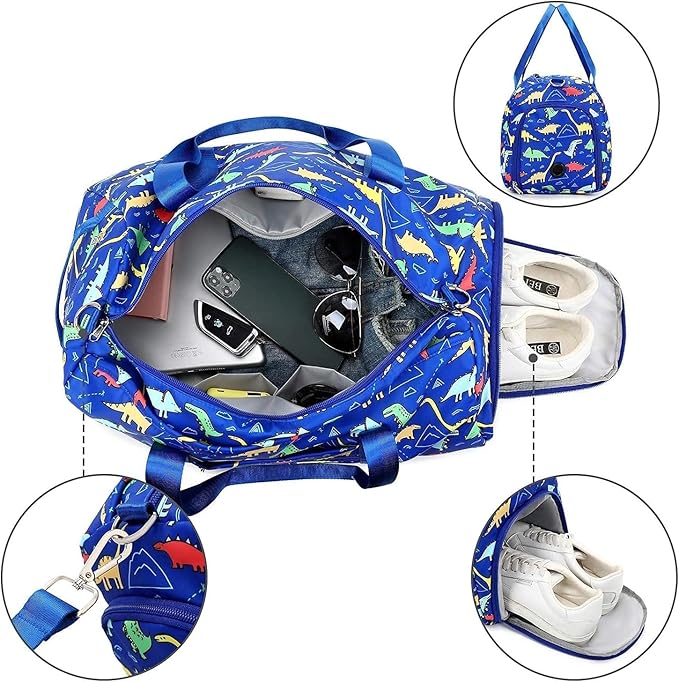 CAMTOP Kids Duffel Overnight Bag Boys Girls Toddler Weekender Carry-On Personalized Tote for Travel Gym Sport (Dinosaur-Dark Blue)