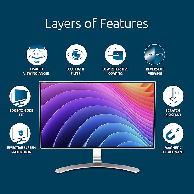 Kensington MagPro 24 Inch Magnetic Computer Privacy Screen for Desktop, Removable 16:10 Computer Privacy Filter, Anti-Glare Blue Ray Reduction, Compatible with Slim Bezel Monitors, K55423WW