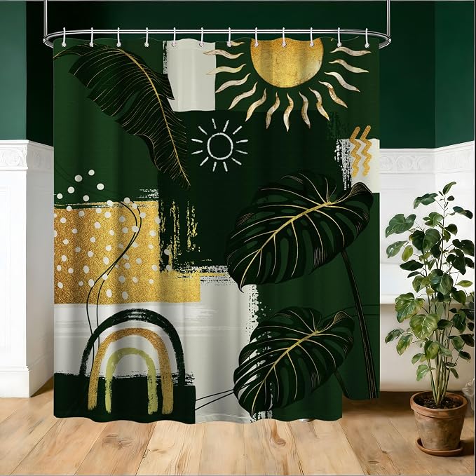 Extra Long Shower Curtain 96 Inchs Extra Tall Green and Gold XL Abstract Leaf Shower Curtains for Large Bathroom Decor Sets, Waterproof Cloth Fabric with Hooks, 70 x 96 Inch