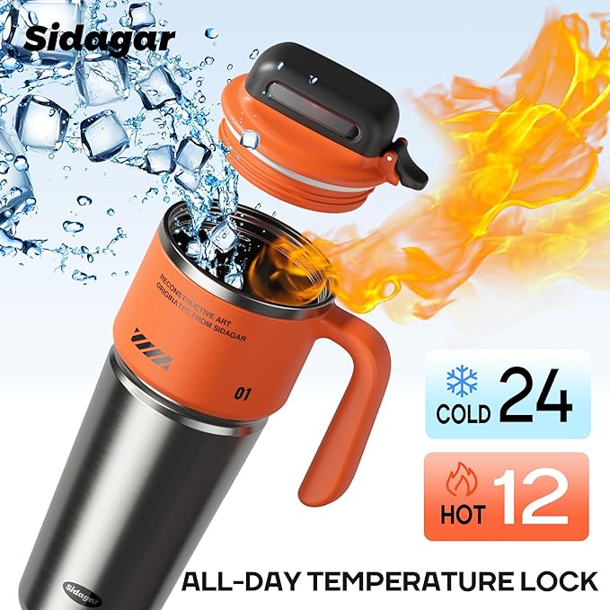 32 oz Stainless Steel Insulated Water Bottle with Handle, Sports Tumbler with Lid and Straw, Push-button Leak-proof Travel Cup, Fits in Car Cup Holder - Dynamic Orange