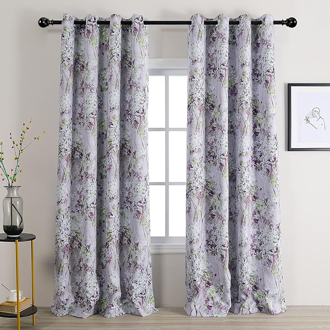 MYSKY HOME Purple Curtains 90 Inches Long 2 Panels Living Room Curtains Half-Blackout Flowers and Leaves Curtains Panels for Bedroom Printed Drapes with Grommet