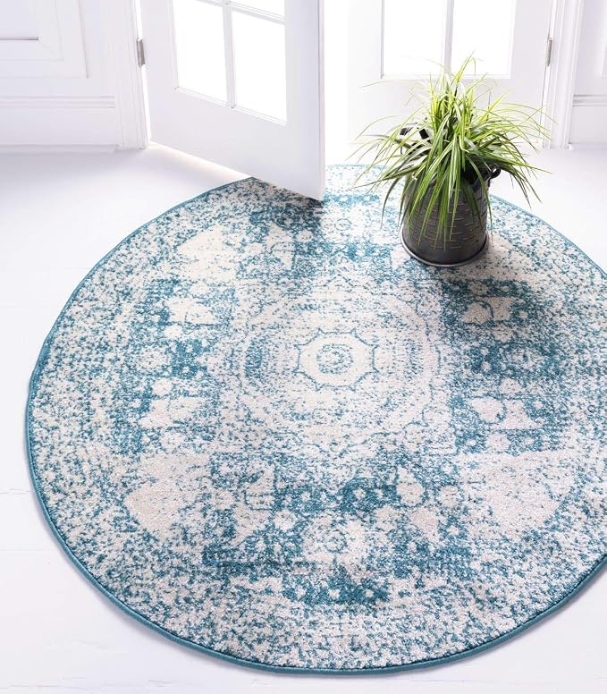 Unique Loom Bromley Collection Area Rug - Wells (3' Round, Turquoise/ Ivory)