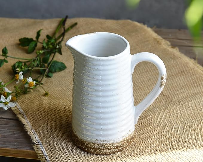 Quoowiit Ceramic Rustic Vase with Handle, White Distressed Decorative Farmhouse Pitcher Vase for Home Decor Living Room Bedroom Kitchen Office Shelf Decor Centerpiece Table Decoration