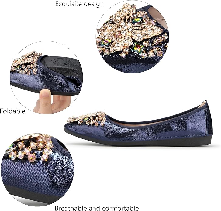 KUNWFNIX Women Ballet Flats Rhinestone Wedding Ballerina Shoes Foldable Sparkly Comfort Slip on Flat Shoes