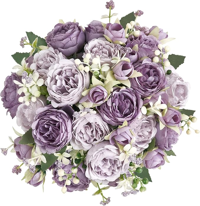 Mkono Peonies Artificial Flowers, Small Silk Flowers for Home Decor Indoor Fake Bouquet Faux Floral Arrangements Dining Table Centerpieces for Kitchen Bridal Wedding Party Decor Purple