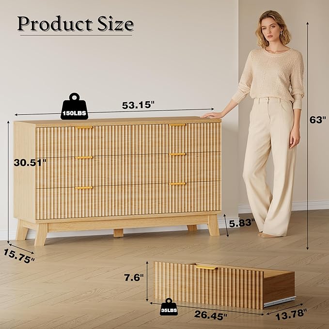 BORNOON 53" Long Dresser for Bedroom, 6-Drawer Dresser with Fluted Fronts, Wide Wood Chest of Drawers, Smooth Metal Slides, Stable Base, Modern Clothes Storage Cabinet for Living Room, Hallway