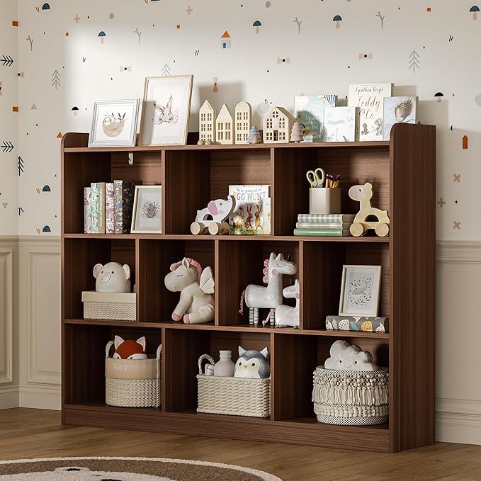 Brown Bookshelf, Wood Bookcase with 3 Tier Open Shelves, 10-Cube Minimalist Storage Shelf for Living Room, Bedroom, 43.3" W x 35.4" H