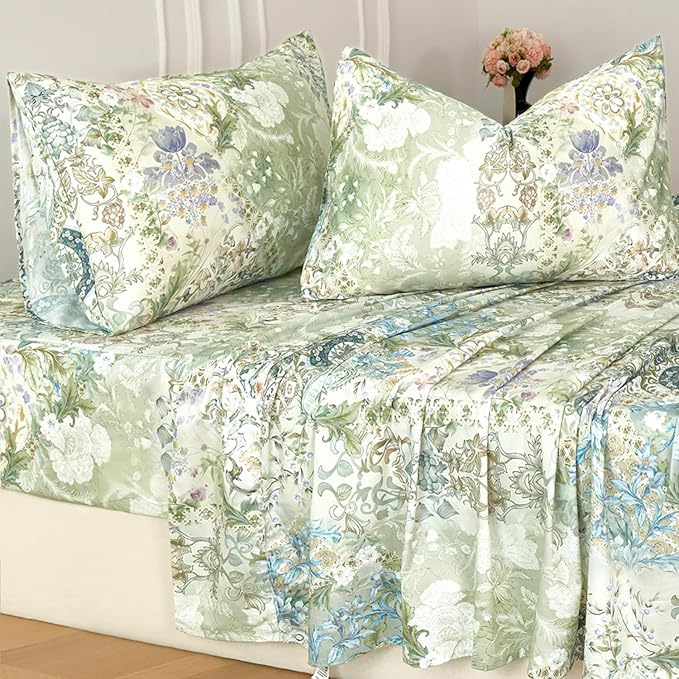 Zusbest Full Size Sheets Luxury Sage Green Floral Bed Sheet Set 100% Cotton, Satin Weave Soft Silky Breathable for Hot Sleepers American Country Style Vintage Flower Deep Pocket 17.5‘’ Bed Set 4Pcs