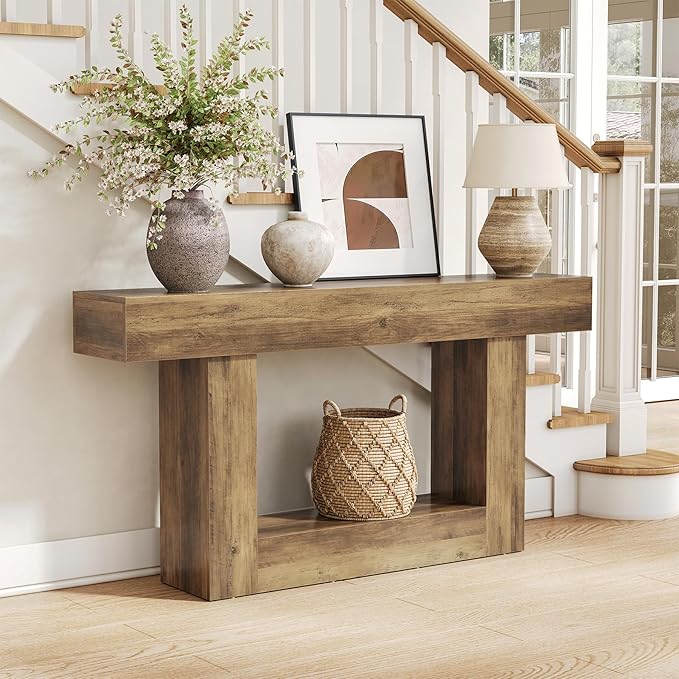 LITTLE TREE 63 Inches Long Console Table, 2-Tier Farmhouse Sofa Table Behind Couch, Large Narrow Entryway Table for Living Room, Wooden Hallway Foyer Table with Heavy Duty Base, Rustic Brown