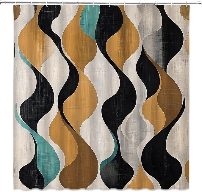 Mid Century Shower Curtain Boho Minimalist Modern Abstract Aesthetic Geometric Striped Atomic Retro Earthy Fabric Bathroom Decor Set with Hooks(70" Wx84 H)