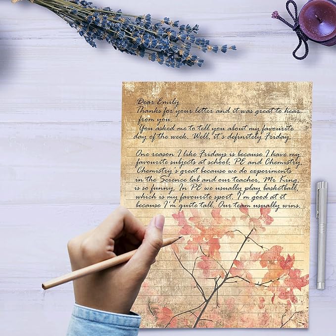 PARTH IMPEX 56 Sheets Vintage Lined Writing Paper 8.5x11 - Letter Size Ruled Stationery Rustic Old Looking Letterhead Printer Paper - 120gsm Thick Decorative Colored Antique Aged Autumn Design