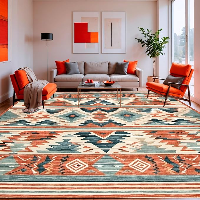 Flatwoven High Traffic Area Rug 4x6, Dynamic Tribal Inspired Design with Bold Shapes and Color Contrast, Non Slip, Stain Resistant, Washable Area Rugs for Living Room, Bedroom (Red, 4x6)