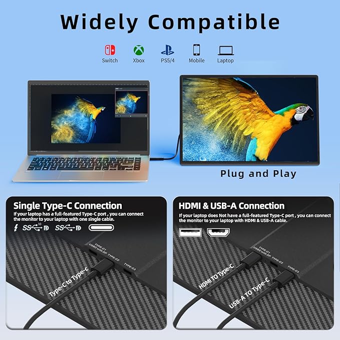 Helpnight 16" Portable Monitor for Laptop, 1200P FHD Laptop Screen Extender, Travel External Display USB-C HDMI Port Detachable Kickstand Gaming Monitor Compatible with Wins Mac Chrome Dex Phone