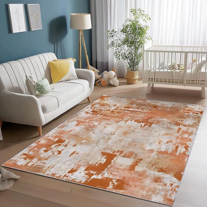 4x5 Washable Area Rug, Orange Color Retro Distressed Textured Design Non Slip Non-Shedding Rug Easy Care for Living Room Bedroom Kitchen Office Carpet