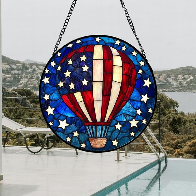 Stained Glass Window Hanging 4 Pcs Set Red Blue Flag Freedom Theme 9.8" - Suncatcher Door Garden Sun Catcher Decor Birthday Christmas for Mom Woman Nana Men Friend