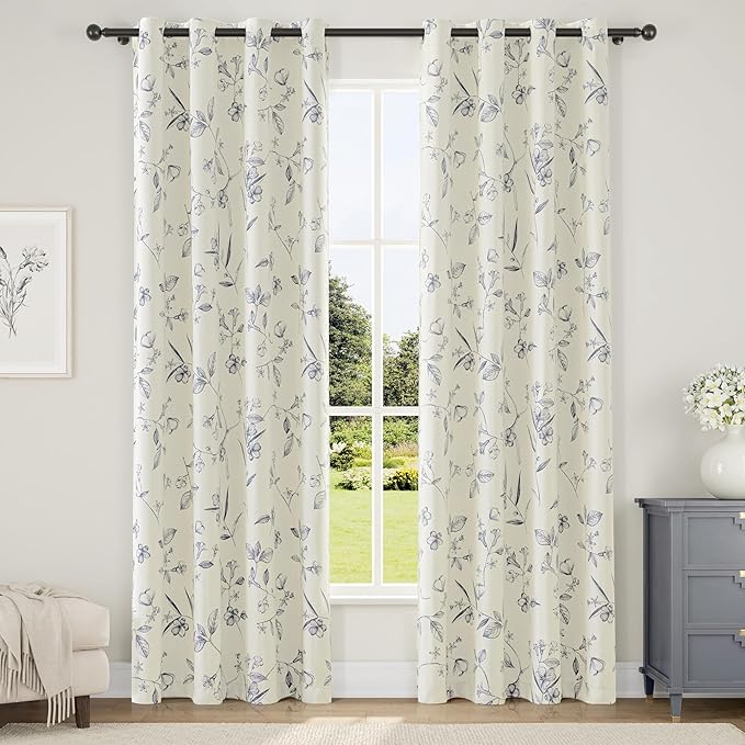 ChrisDowa Beige 100% Blackout Curtains 72 Inches Long 2 Panels for Bedroom Living Room Navy Blue Flower Patterned Room Darkening Thermal Insulated Soundproof Grommet Window Treatments Drapes,52X72