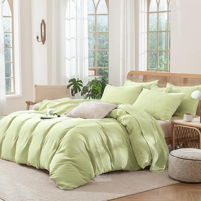 Queen Size Duvet Cover Desert Sage, Luxury Soft Microfiber Double-Layer Crinkle Gauze Sage Duvet Cover, 3 Pieces Bedding for All-Season, Breathable with Zipper Closure