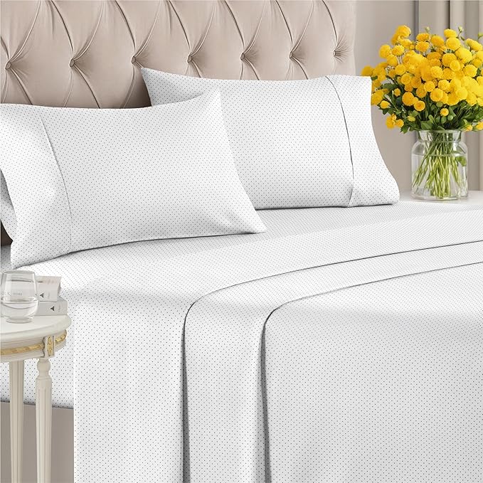 Black Polka Dots Bed Sheet Set – 1 Flat & 1 Fitted Sheet & 2 Pillowcases w/ Deep Pockets – Polka Dot Bedding - Wrinkle & Fade Free - Soft, Breathable and Cooling - Comfy, Luxury Bed Set - Queen Size
