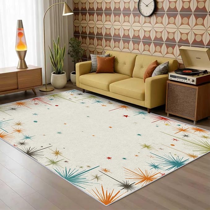 Mid Century Modern Rug 6x9 50s 60s Retro Starburst Pattern Area Rugs for Living Room, Bedroom, Mid Century Modern Home Decor Accessories Indoor Carpet, Non Slip & Machine Washable