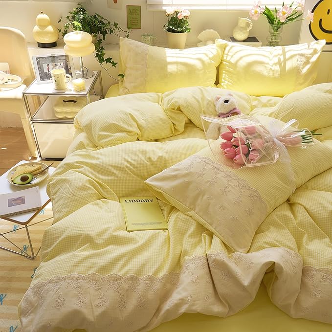 LifeTB Yellow Gingham Duvet Cover Twin 3 Pieces Romantic Lace Comforter Cover Soft Microfiber Cream Yellow Grid Duvet Cover Farmhouse Plaid Checkered Comforter Cover Grid Gingham Bedding Set