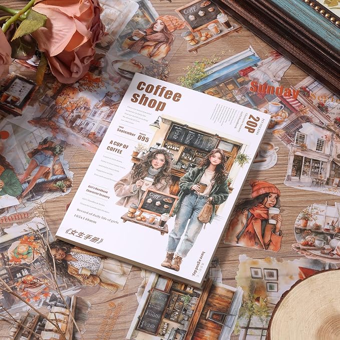 Auguro Scrapbooking Sticker 20 Sheets 120 Pre-Cut PET Coffee Shop Girls People Stickers Books for journaling Scrapbook Supplies Coffee Sticker Book for Scrapbooking