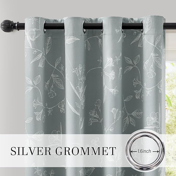 ChrisDowa Grey 100% Blackout Floral Curtains 63 Inches Long 2 Panels for Bedroom Living Room White Flower Patterned Room Darkening Thermal Insulated Soundproof Grommet Window Treatments Drapes,52X63
