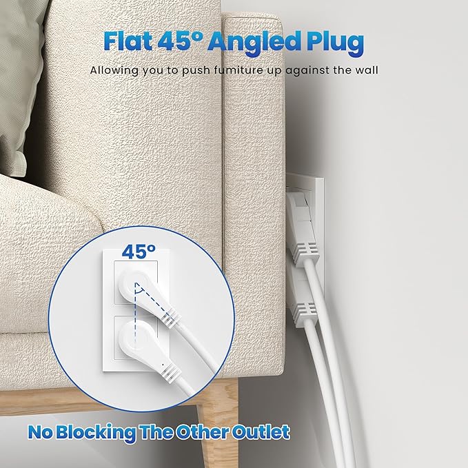 Elecan 3 Prong Power Strip with 8 FT Extension Cord, 5 AC Outlets+1 Widely Spaced Outlet, Space Saving 45 Degree Flat Plug, 14AWG 1875W 125V 15A, Wall Mountable Multi Outlet Extender, ETL, White
