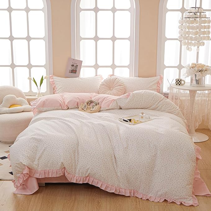 Pink Floral Duvet Cover Full 100% Cotton Ruffle Duvet Cover Girls Princess Lace Bedding Set Botanical Flower Comforter Cover with Zipper Closure Vintage Country Bedding Cottagecore Duvet Cover Set